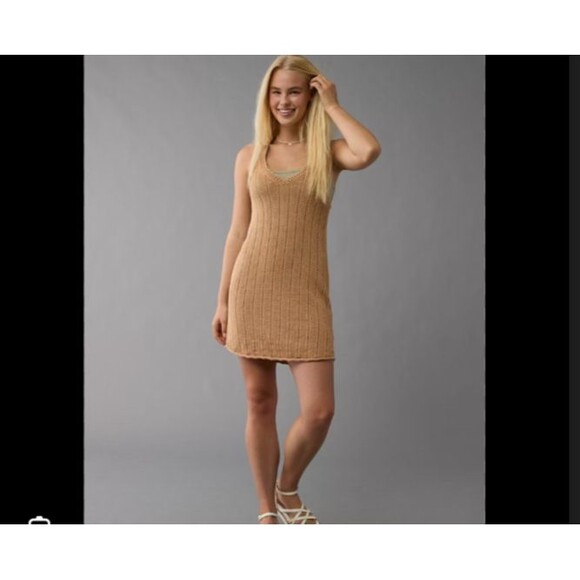 American Eagle Crochet V Neck Swing Dress-Small-Lace Up Back-Sweater Knit-NEW - Picture 1 of 10